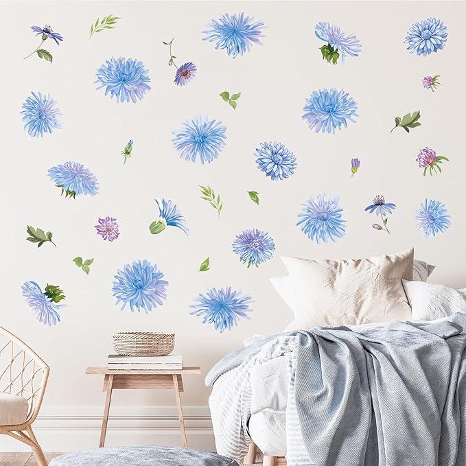 Daisy Flowers Wall Decals, 32 Pcs Blue Floral Leaves Wall Stickers, Bedroom Living Room Girls Nursery Room Wall Art Decor