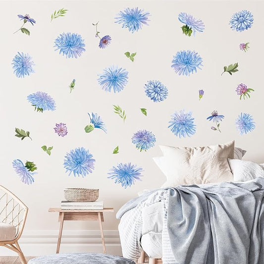 Daisy Flowers Wall Decals, 32 Pcs Blue Floral Leaves Wall Stickers, Bedroom Living Room Girls Nursery Room Wall Art Decor