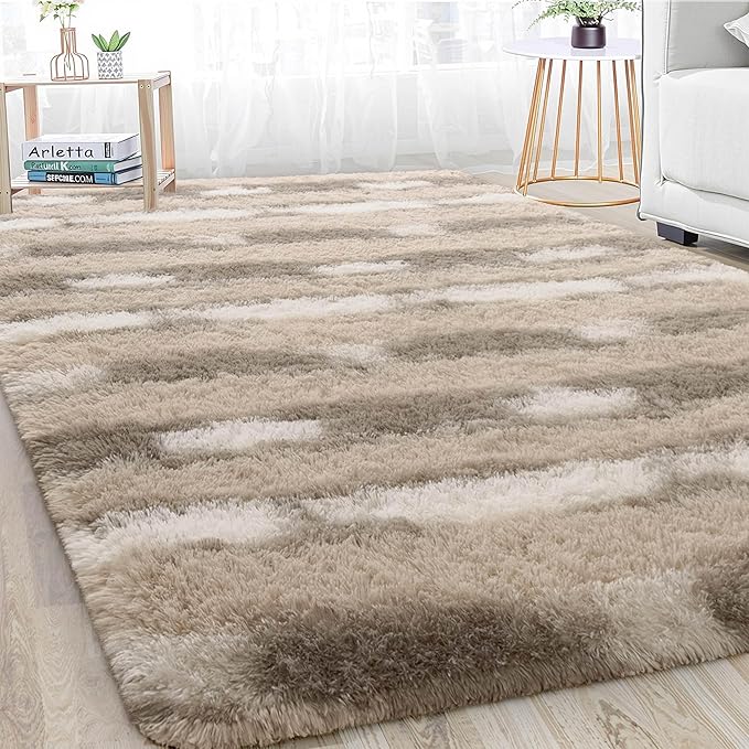 Meralax Area Rugs for Living Room Bedroom, Machine Washable 4x6 Feet Soft Fluffy Shaggy Bedside Rug, Beige and White Indoor Floor Carpet for Kids Boys, Dorms, Nursery Rooms, Home Decor Aesthetic