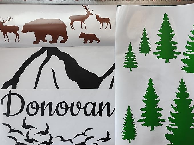 Custom Name Mountains Wall Decal Nursery Boho Theme Nursery Wall Sticker Wall Art Bear Trees Wall Decor Kids Wall