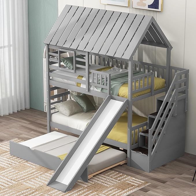 Merax Twin Over Twin House Bunk Bed, Wooden Bed Frame with Trundle and Slide, Storage Staircase, Roof and Window Design, Gray