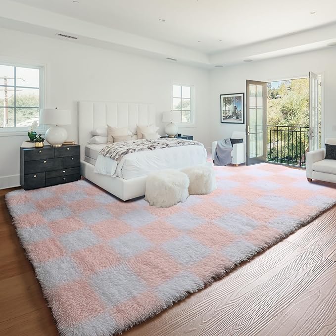 KICMOR Large 6x9 Rugs for Living Room, Soft Fluffy Light Pink and White Checkered Shag Area Rugs Big Fuzzy Shaggy Bedroom Carpet, Cute Plush Rug for Teen Toddler Kids Girls Room Nursery Home Decor