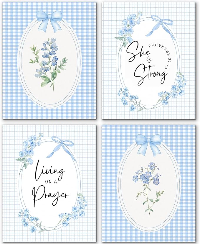 JINYO Rustic Blue Wildflower Bow Christian Wall Art Prints Set of 4, Preppy Room Decor, Proverbs 31:25 Living on A Prayer Bible Verses Posters Pictures Wall Decor for Girls Bedroom Home, 8x10 Unframed