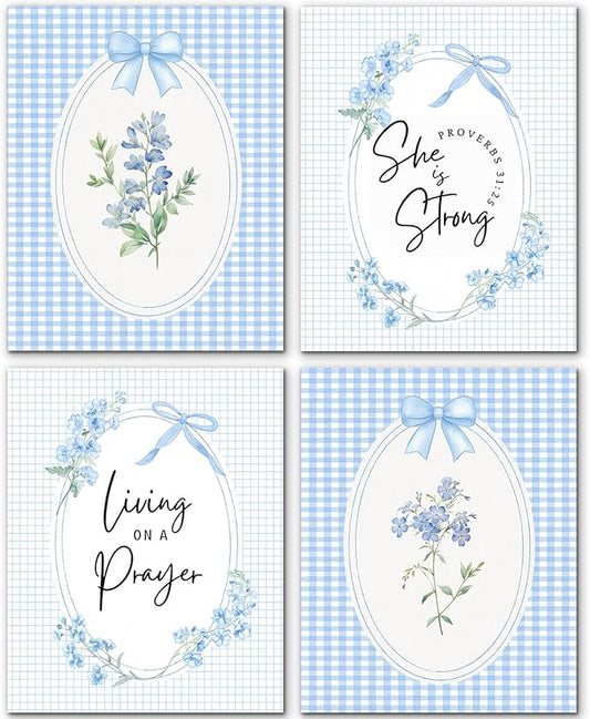 JINYO Rustic Blue Wildflower Bow Christian Wall Art Prints Set of 4, Preppy Room Decor, Proverbs 31:25 Living on A Prayer Bible Verses Posters Pictures Wall Decor for Girls Bedroom Home, 8x10 Unframed