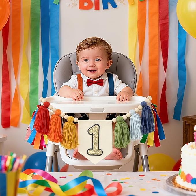 Handmade Rainbow 1st Birthday High Chair Banner Party Decoration For Girl Baby Wall Hangings Decorative Happy One Birthday Boy Photoshoot Props Photo Props
