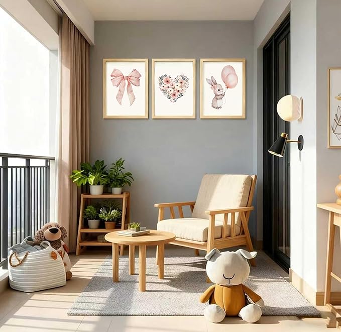 3 Pcs Nursery Bunny Wall art Love Wildflowers Painting Pictures Cute Animal Posters Prints Pink Girl Canvas Wall Decor for Girls and Boys Kids Room Baby Room Decor