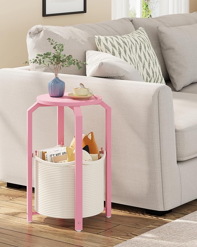 TUTOTAK Small Side Table, Round End Table, Night Stand, Bedside Table, Set of 2, Sofa Table with Storage Basket, Living Room, Bed Room, Pink TB01BP0922