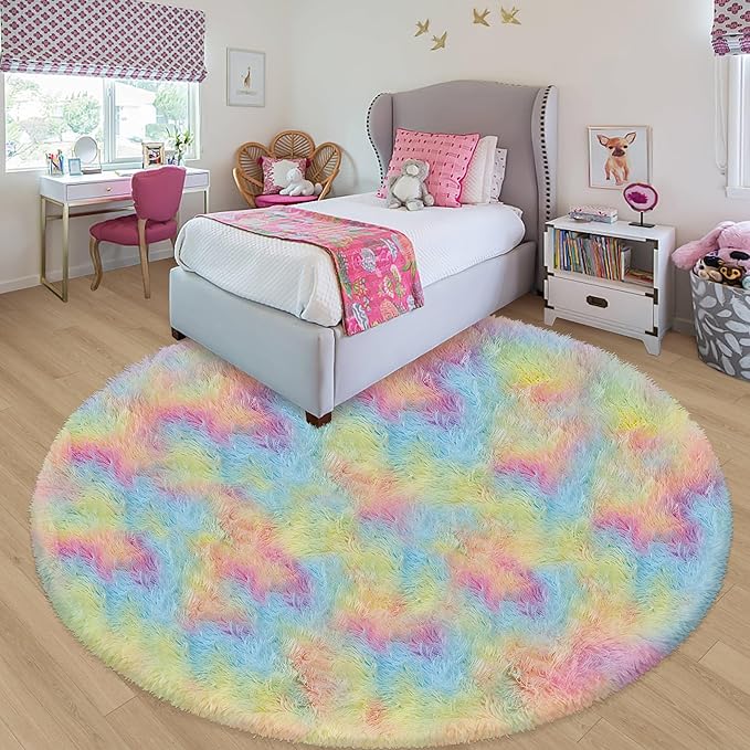 7 ft Large Fluffy Round Rainbow Area Rugs for Girls Bedroom, Colorful Soft Shaggy Circular Rug Plush Fluffy Circle Carpet Fuzzy for Nursery Baby Toddler Room Playroom Dorm Iving Room Home Decor