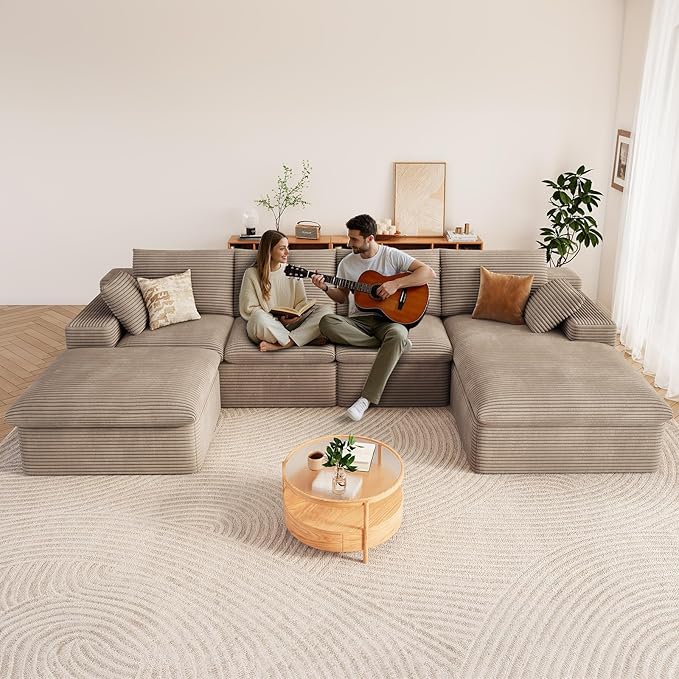 136" Cloud Modular Sectional Sofa with 1 Ottoman, Deep Seat Boneless Couch, Modern Upholstered Corduroy Couches, Comfort U Shaped Sofa for Living Room, No Assembly Required(Camel,Right Facing Chaise)