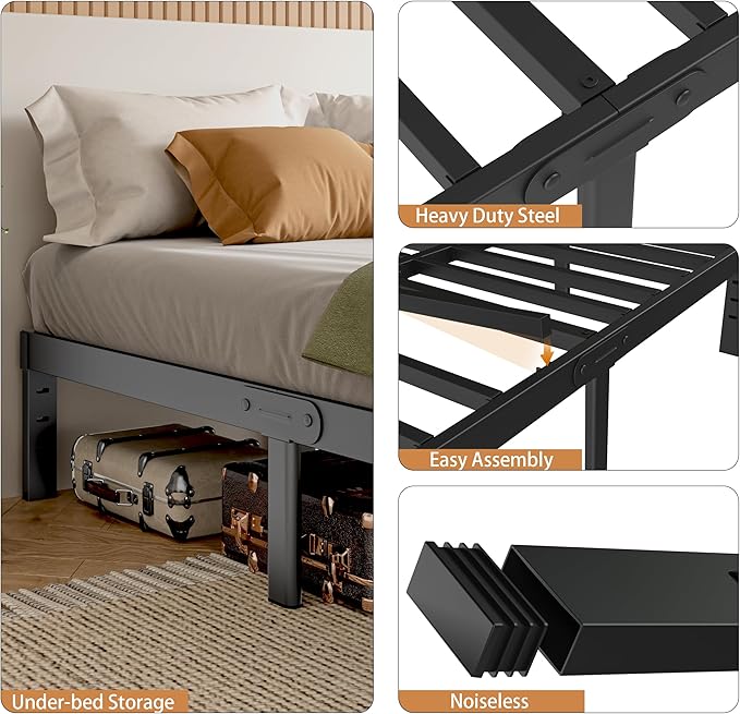 Black Twin Bed Frames 12 Inch, Metal Bed Frame Twin Size No Box Spring Needed, DIY Headboard Holes, Heavy Duty Steel Support 3500 LBS, Noiseless, Round Corner Leg, Storage Space, Easy Assembly
