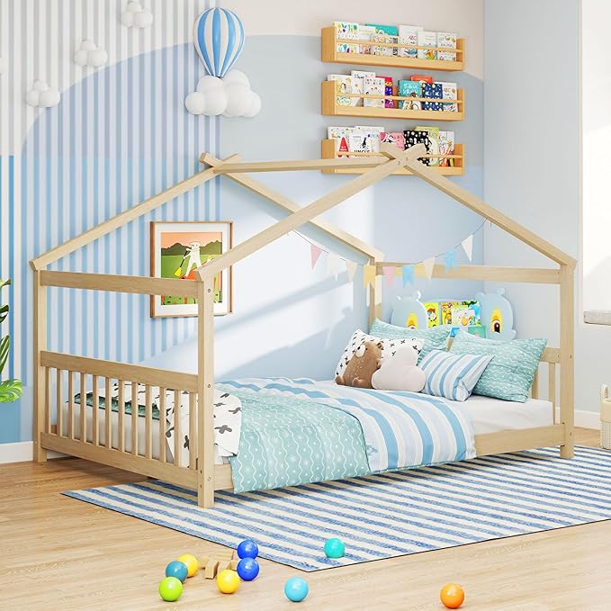 Giantex Full Size Floor Bed, Solid Wood Montessori House Bed with Roof, Headboard and Footboard, Low Full Bed Frame for Kids Teens Girls Boys, No Box Spring Needed, Natrual