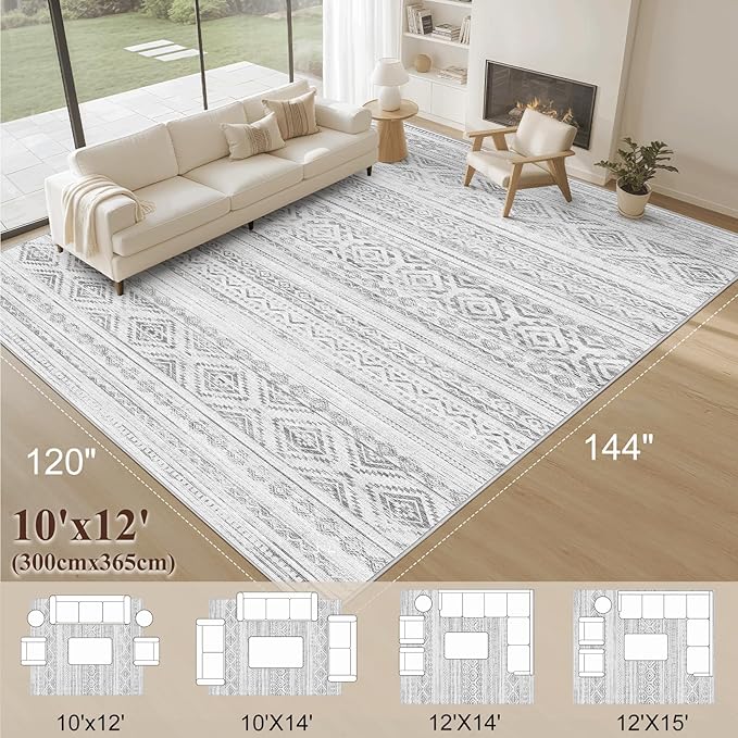 Area Rugs for Living Room Washable Living Room Rug Soft Neutral Indoor Floor Carpet Non-Slip Stain Resistant Modern Boho Rugs for Bedroom Dining Room Kids Room Nursery Office Home Light Grey