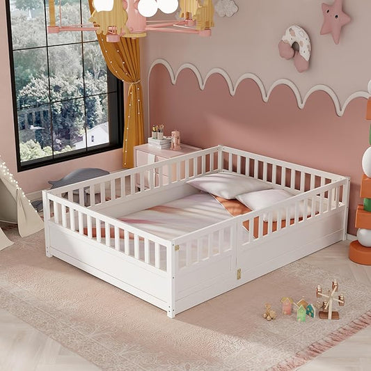 Ball & Cast Full Size Montessori Floor Bed with Baffle Design & Open Door,Toddler Floor Bed Frame W/Fence and High Guardrails,Wooden Playhosue Bed for Girls and Boys,No Box Spring Needed,White