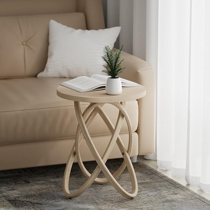 Round End Table Farmhouse Wood Side Table Rustic Plant Stand with Intertwined Line Design for Living Room, Office, Light Wood Color