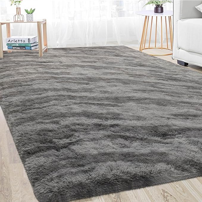 Merelax Area Rugs for Living Room Bedroom, Non-Slip Large 6x9 Feet Soft Fluffy Shaggy Bedside Rug, Indoor Floor Carpet for Kids Dorms, Nursery Rooms, Playroom, Home Decor Aesthetic, Black/Grey