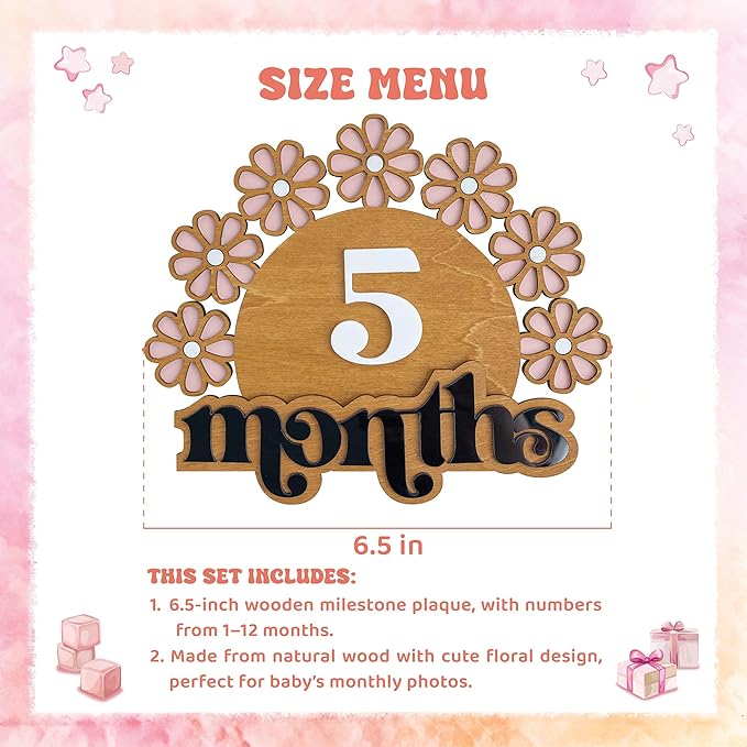 Wooden Baby Monthly Milestone Set, Floral Newborn Age Tracker with Numbers and Months Weeks Signs, Layered Wood Photo Prop for Baby Monthly Picture