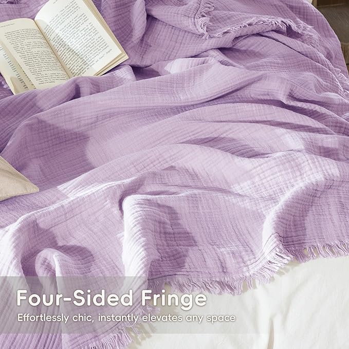 MooMee Muslin Blanket - 100% Cotton 4-Layer Gauze Throw Blanket with Tassels Ultra-Soft Breathable Lightweight Cooling for Bed Couch (Light Purple,Super King 108" x 98")
