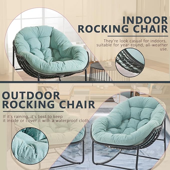 Oversized Outdoor Papasan Rocking Chair Set of 2 with Soft Cushion, Comfy Patio Egg Chair, Wicker Lounge Rocker for Balcony/Porch/Garden, Reinforced All Weather Rattan Frame, Mint Green