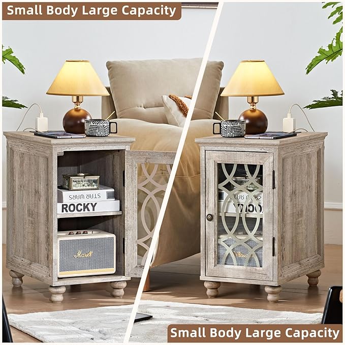 Narrow Side Table with Charging Station, Night Stand with Glass Door, Bedside End Tables with Adjustable Shelf Storage Cabinet,Wood Nightstand for Small Spaces Living Room Bedroom