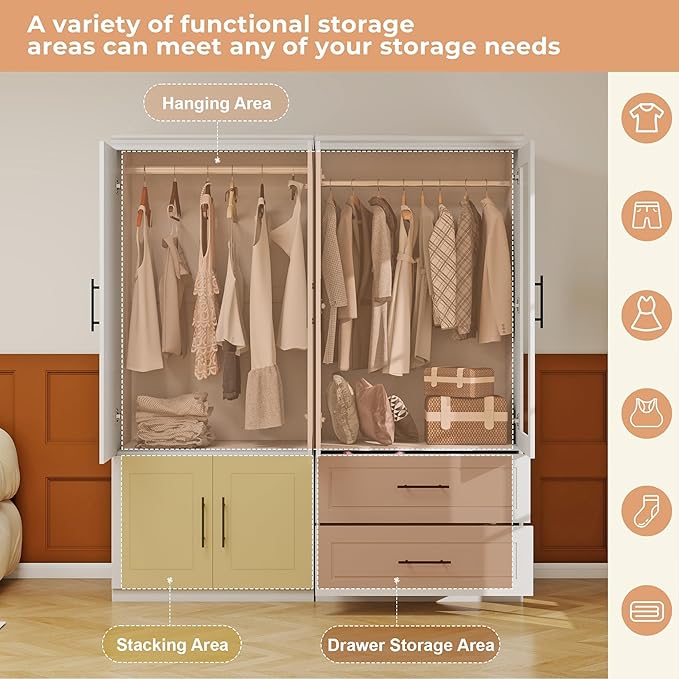 Armoire Wardrobe Closet with 2 Glass Door: White Wood Wardrobe Closet Wooden Bedroom Armoire 2 Drawer with Hanging Rods for Home/Bedroom/Living Room
