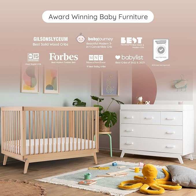 dadada Soho Baby Nursery Furniture Set. Baby Crib and Dresser Set Combo. Soho 3 in 1 Convertible Crib and 5 Drawer Nursery Dresser. White and Natural Beechwood
