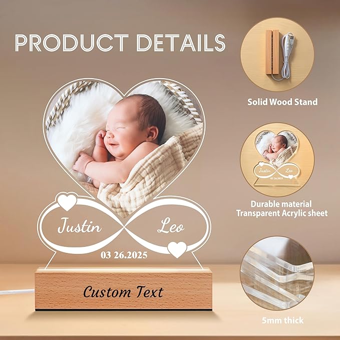 Personalized Baby Gifts for Kids, Custom Acrylic Plaque Picture Frame with Name Night Light for Boys Girls, Perfect Birthday Newbown Baby Shower Gifts, Children's Nursery Room Decor