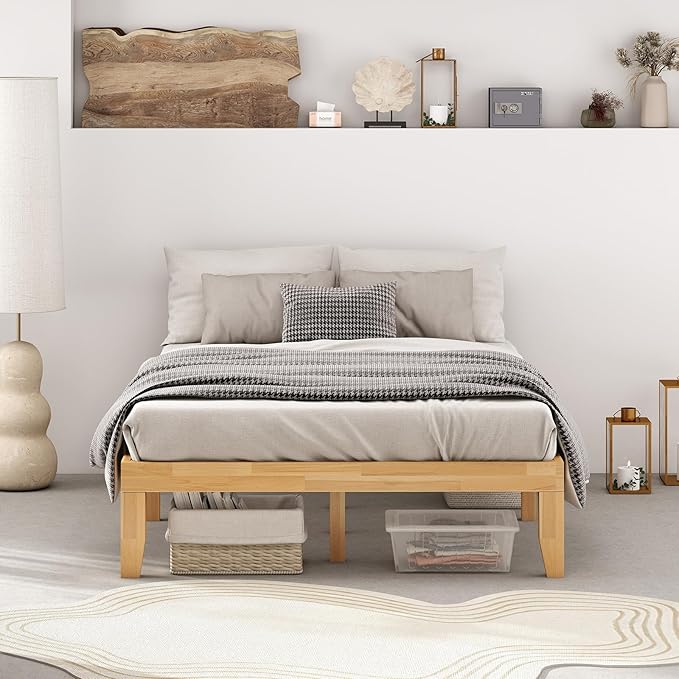 KOMFOTT 14 Inches Wood Platform Bed Frame Full Size, Wooden Mattress Foundation with Rubber Wood Frame, Strong Slats Support, No Box Spring Needed, Bed Frame (Natural)