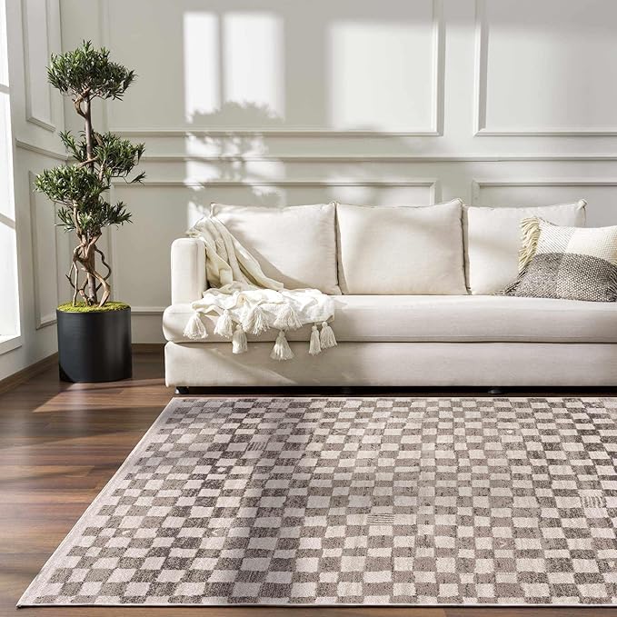 Hauteloom Pertek Modern Checkered Runner Rug - Modern Geometric Carpet for Hallway, Kids Room, Nursery - Bohemian Boho Carpet - Cream, Beige, Tan - 2'7" x 10'
