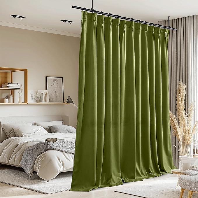 StangH Pinch Pleated Olive Green Velvet Curtains for Living Room, Extra Wide Light Blocking Track Window Covering Thermal Insulated Elegant Home Decor for Bedroom Closet, W72 x L96, 1 Panel