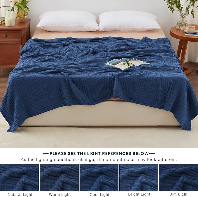 Love's cabin 6 Layer 100% Cotton Muslin Blanket, 90"x90" Muslin Blanket Queen for Couch Bed, Lightweight and Breathable Cotton Gauze for Adult, Dark Blue