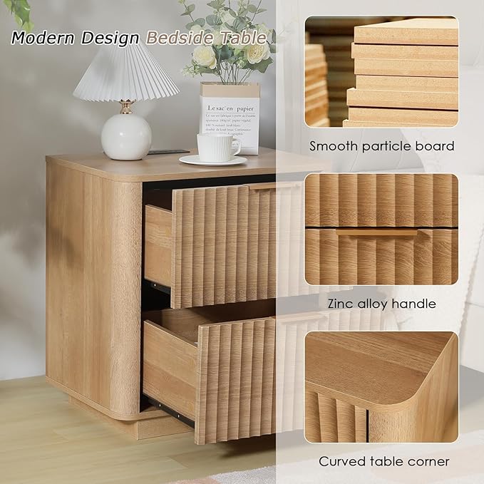 Fluted Nightstand with Charging Station, 23" Night Stands with 2 Drawers, Wood End Table with Storage, Oak Bedside Cabinet for Bedroom
