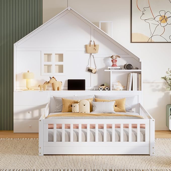Full Size Kids Floor Bed with Safety Fence, Solid Wood Montessori Platform Bed with House Shape Headboard with Bedside Drawers, Shelves, Sockets and USB Port for Kids Boys Girls (White-LF)