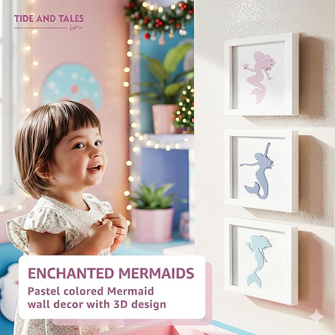 Tide and Tales Elegant 3D Mermaid Wall Decor, Framed Wooden Set of 3 Silhouettes in Pastel Colors, Mermaid Bathroom Decor, Ocean Room Decorations for Girls Bedroom, Ocean Wall Art