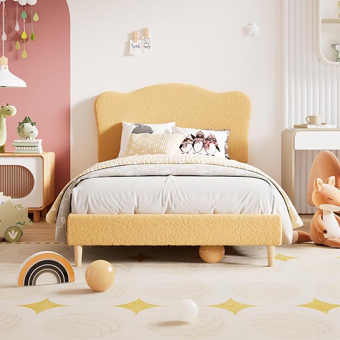 GarveeHome Upholstered Twin Size Bed Frame for Kids with Scallop Headboard, Cute Velvet Twin Bed for Girls, Boys, Sturdy Platform Bed, No Box Spring Needed, Wooden Slats, Noise Free, Yellow