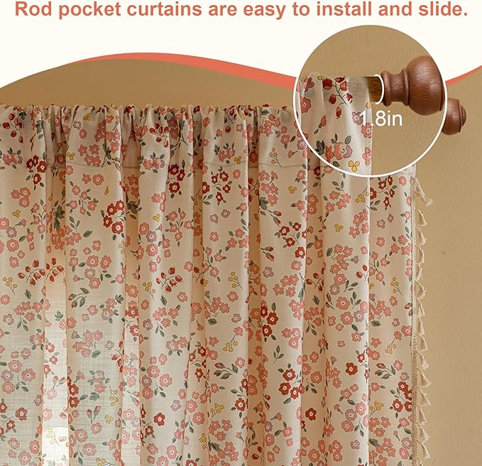OYX Pink Boho Farmhouse Floral Curtains 96 Inch Long 2 Panels For Living Room, Flower Girl Bedroom Light Filtering Drapes, Vintage Country French Patterned Rod Pocket Aesthetic Decor Window Treatments