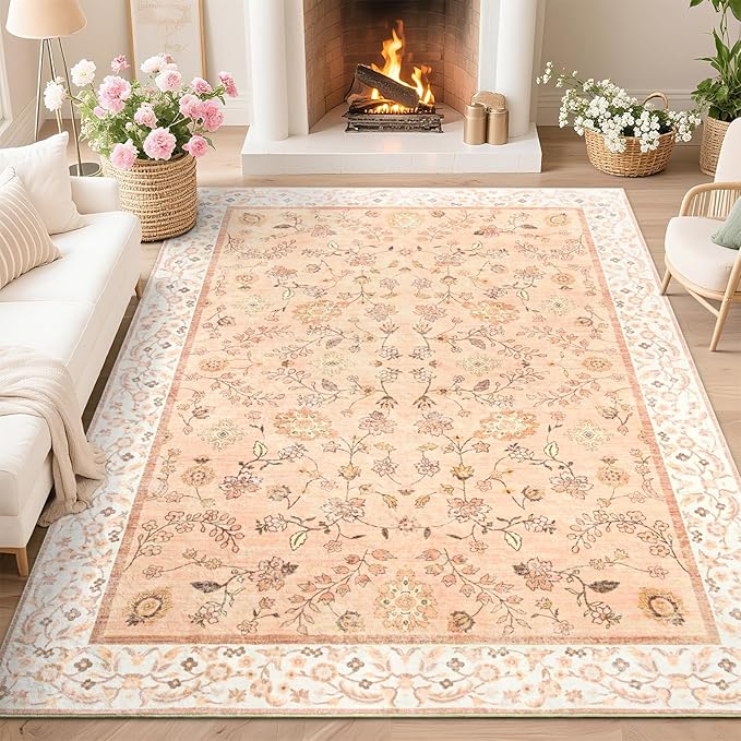 Rugs for Bedroom Living Room, Orange Washable Floral Area Rug 4x6, Soft Low Pile Thin Indoor Non Slip Carpet for Kitchen Dining Room, Boho Throw Carpets for Kids Nursery Playroom Dorm Home Decor