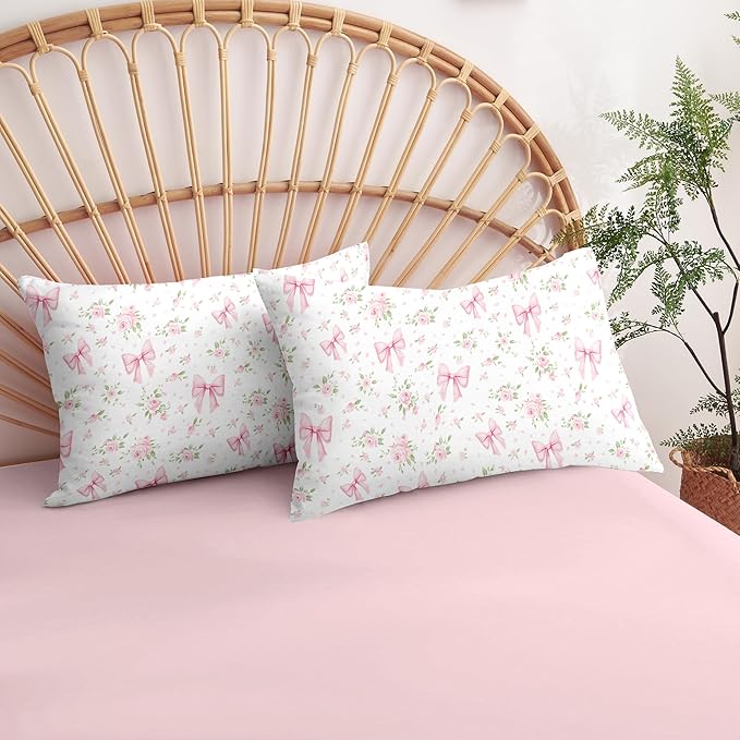 Nayoroom Pink Bow Comforter Set Full Size White Green Leaf Floral Comforter 3 Pieces Girls Soft Lightweight Cute Coquette Bedding Set for All Seasons