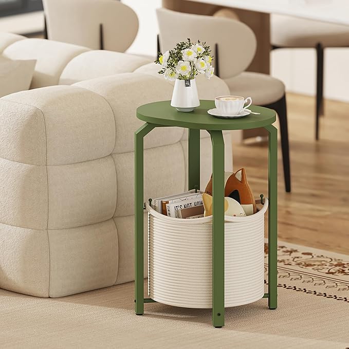 TUTOTAK Small Side Table, Oval End Table, Night Stand, Bedside Table, Sofa Table with Storage Basket, Living Room, Bed Room, Olive Green TB01BOG0932