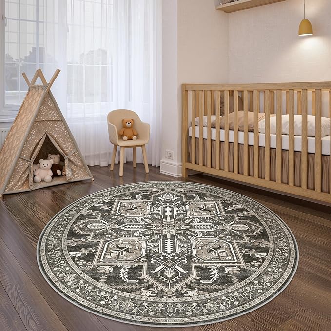 WITSHOCK 6Ft Round Black Washable Area Rug: Vintage Boho Non-Slip Low Pile Large Circle Carpet for Living Room Bedroom Kitchen Nursery Home Office, Foldable Soft Pet-Friendly Farmhouse Floral Décor