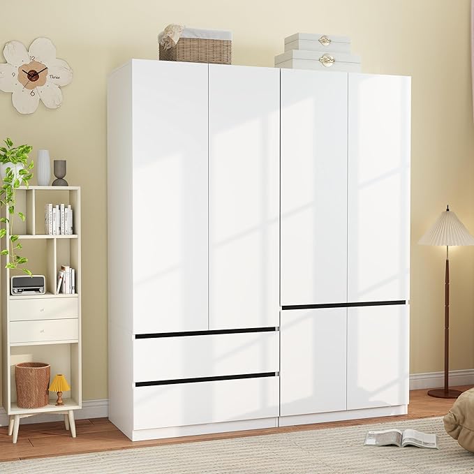 Armoire Wardrobe Closet with Drawers：75" Large White Wardrobe Closet Cabinet with 4 Doors for Hanging Clothes, Modern Wooden Bedroom Armoires with 2 Drawers and Storage (A+C, 63")