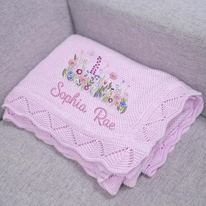Wildflower Nursery Quilt Blanket with Ruffle Edge – Custom Embroidered Floral Name Blanket, Personalized Newborn Gift for Girls, Soft Keepsake for Baby Shower