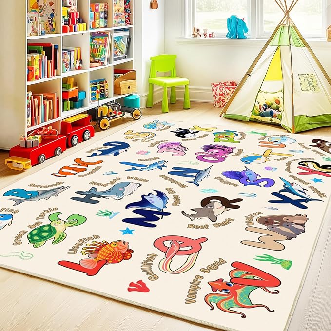 Kids Rugs for Playroom, 5x7 Feet Educational Rug for Learn The ABC Alphabet, Soft Machine Washable Non-Slip Cute Marine Organisms Carpet for Classroom Toddler Nursery Kids Room Decor, Beige
