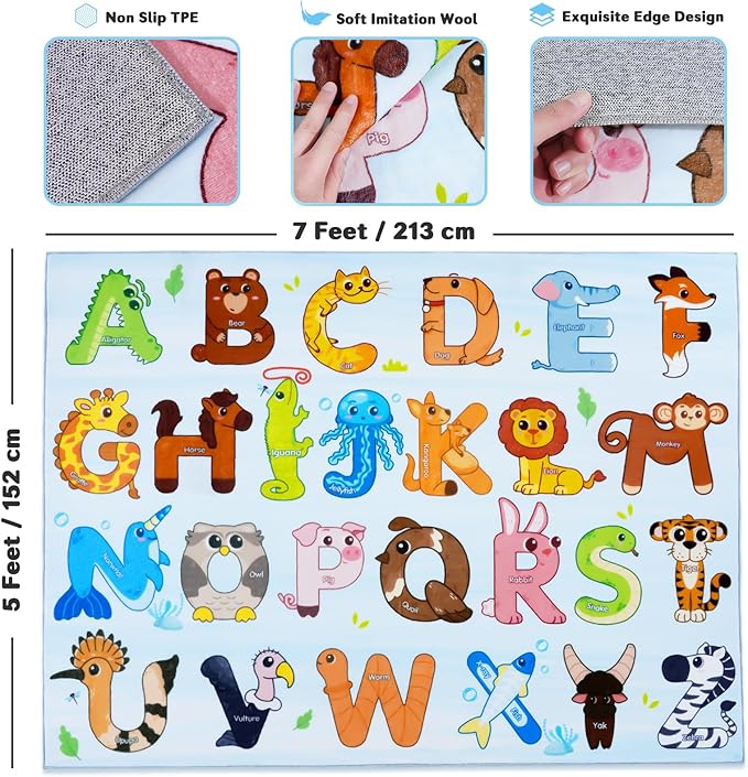 Kids Rugs for Playroom, 5x7 Feet Educational Rug for Learn The ABC Alphabet, Soft Machine Washable Non-Slip Cute Animal Carpet for Classroom Toddler Nursery Kids Room Decor Mat, Blue