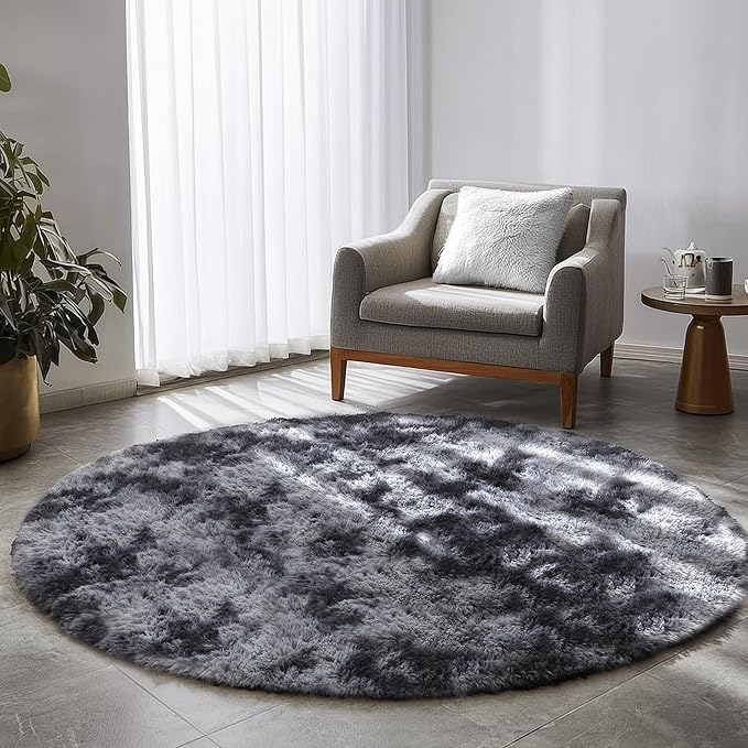 Amdrebio Tie-Dyed Dark Grey Round Rug 4Ft for Bedroom Dorm, Soft Furry Shaggy Circle Area Rugs for Living Room Office, Shag Fluffy Fuzzy Carpet for Kids Teen Boys Mens, Modern Cool Floor Circular Rug