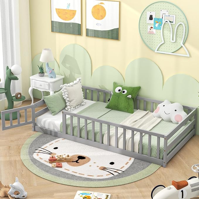 Giantex Twin Floor Bed with Door & Fence, Kids Wood Montessori Beds with Safety Guardrails, Floor Bed Frame for Kids, Boys, Girls, No Box Spring Needed, Floor Bed Twin (Grey)
