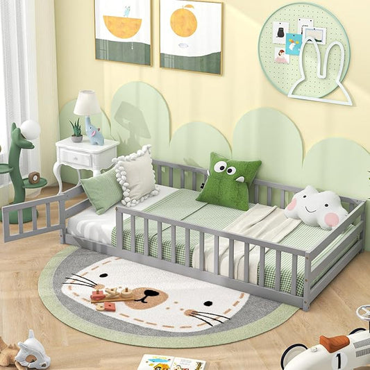 Giantex Twin Floor Bed with Door & Fence, Kids Wood Montessori Beds with Safety Guardrails, Floor Bed Frame for Kids, Boys, Girls, No Box Spring Needed, Floor Bed Twin (Grey)