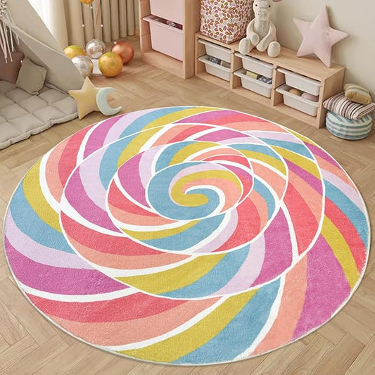 Kids Rug Play Mat 6Ft Round Rainbow Lollipop Girls Bedroom Carpet, Large Circle Candy Classroom Playroom Area Rug for Children, Cute Nursery Mat for Candyland Party Decorations