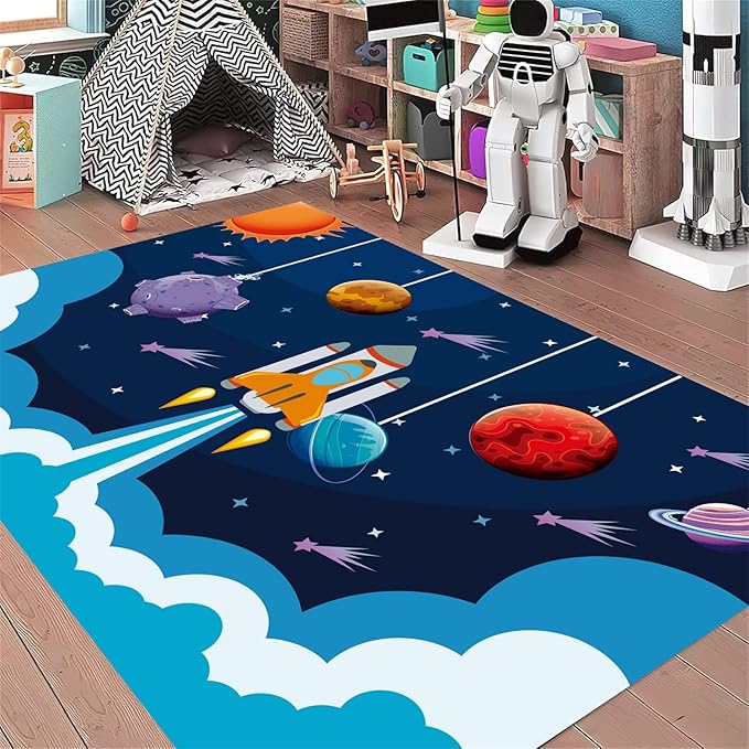 Outer Space Rugs,5x8ft,Kids Playroom Crawling Mat,Machine Washable,Non-Slip Carpet with Cartoon Planets and Rocket Design,Suitable for Kids Bedroom,Classroom,Nursery Decorative Rug