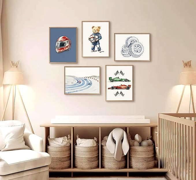 BMFLFWXE Vintage Racing Car Nursery Wall Art Teddy Bear Pictures Wall Decor Boy Navy Blue Vehicle Posters Retro Sport Painting Canvas Print Artwork for Kids Boy Room Playroom, Unframed