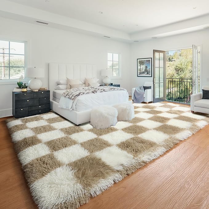 KICMOR Living Room Rug 7x9 Area Rug, Large Fluffy Shag Shaggy Fuzzy Checkered Bedroom Carpet, Beige and Cream White Big Indoor Soft Plush Rugs for Kids Boys Girls Dorm Nursery Home Decor Aesthetic